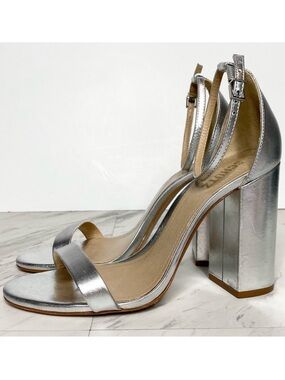 Schutz Silver Leather Ankle Strap Block Heel Sandal 9 1/2 B